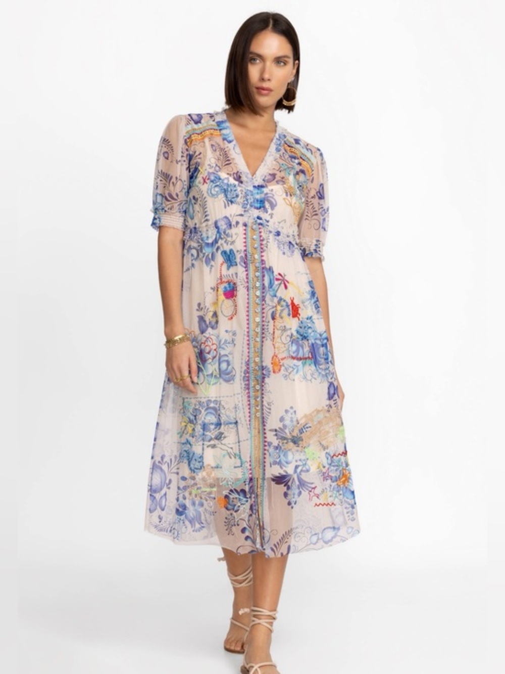 Johnny Was Mazzy Ruches Midi Dress in Farroween Size Medium NWT